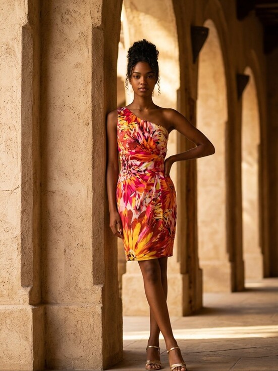 David Meister Dresses & Skirts - David Meister Pink Fuchsia Floral One Shoulder Dress (Size 2)